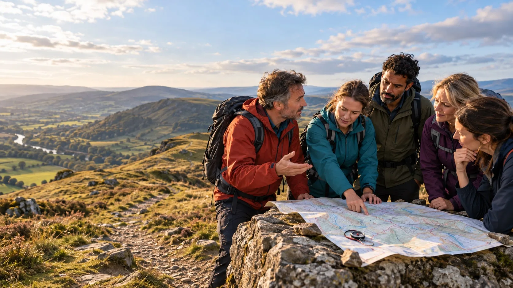 A group of walkers planning a route around a map on a hilltop