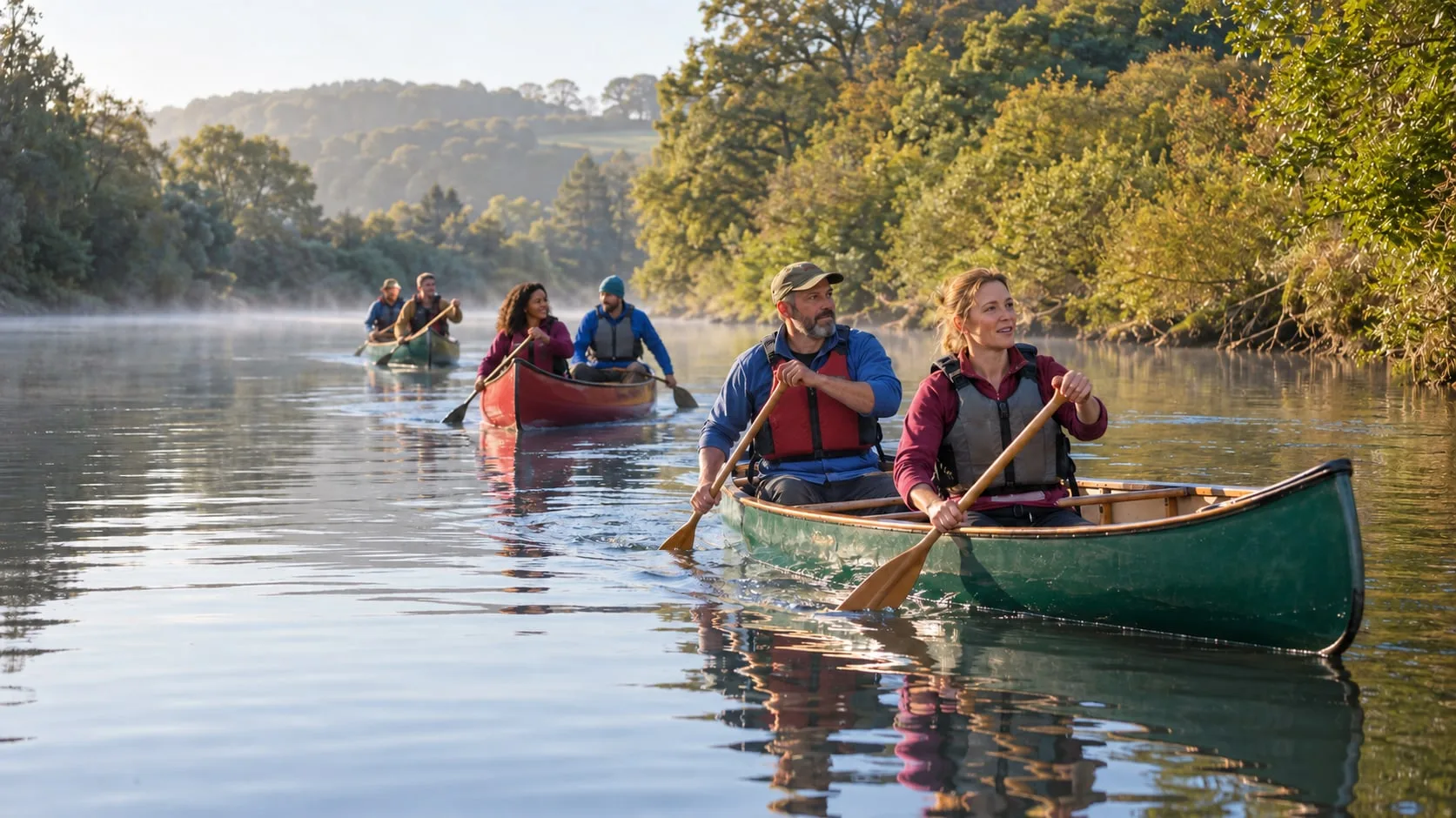 Two colleagues paddling a green canoe on a misty river, with more canoes behind