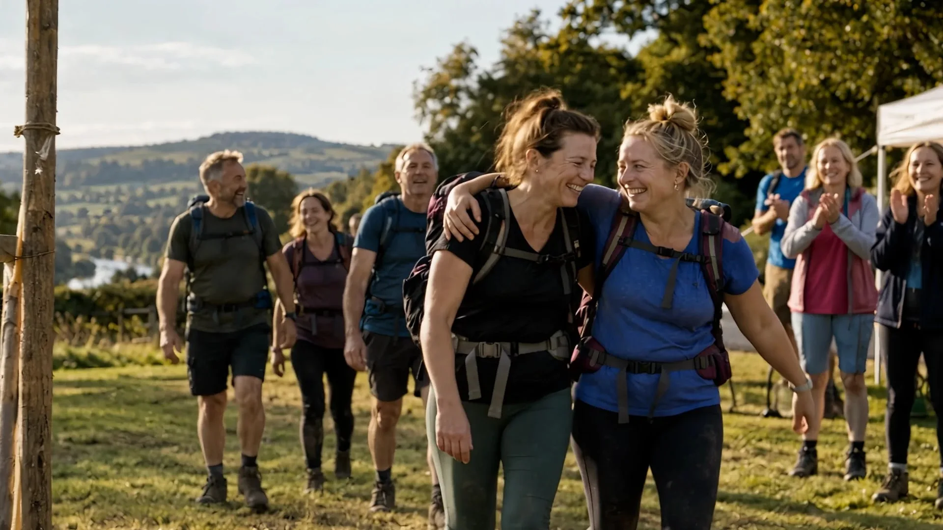 Hikers walking arm in arm and smiling as they finish a challenge, with supporters applauding behind them