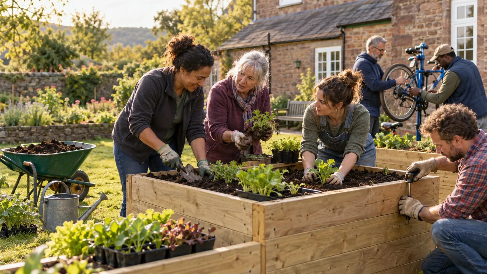 Colleagues building raised vegetable beds and repairing bikes together for a community project