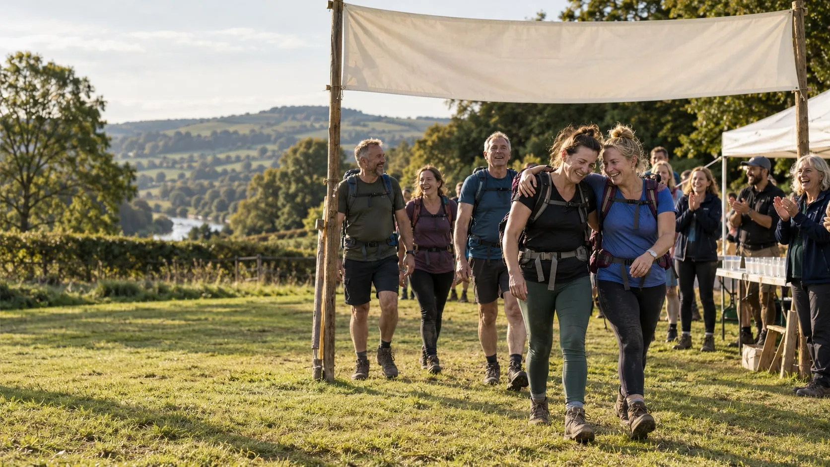 Charity walkers arriving at a finish gate in the countryside to applause