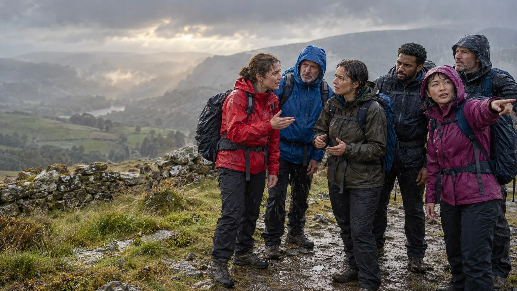 Walkers in waterproofs talking together on a rainy hillside