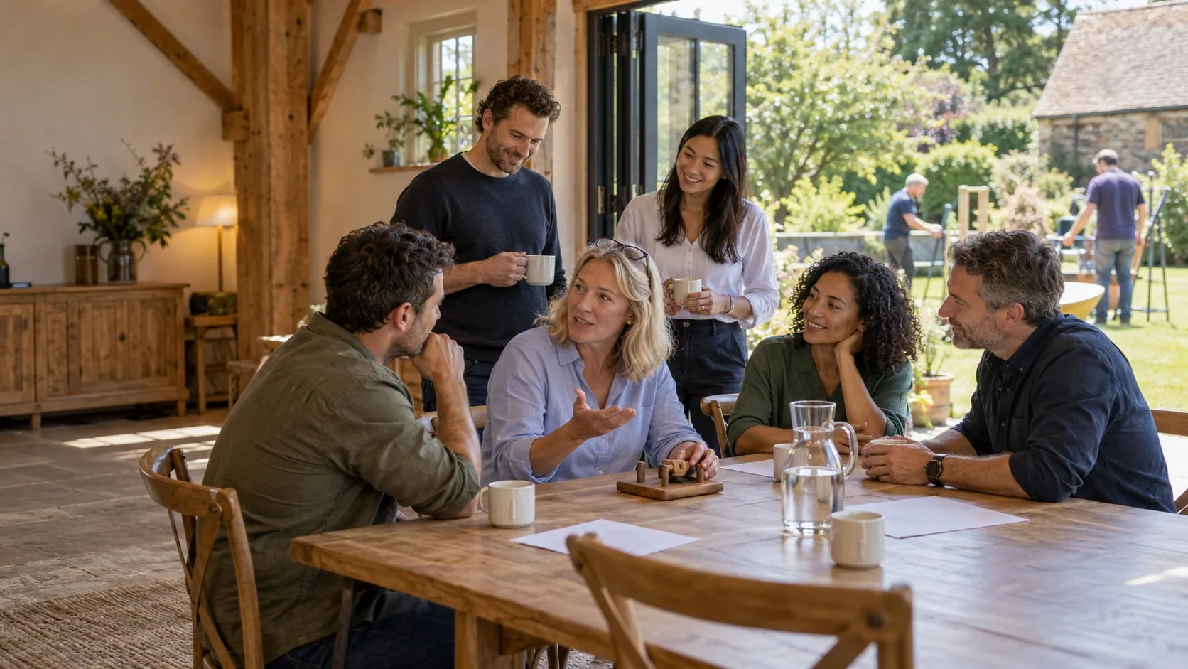 Colleagues in discussion around a rustic table in a bright barn conversion