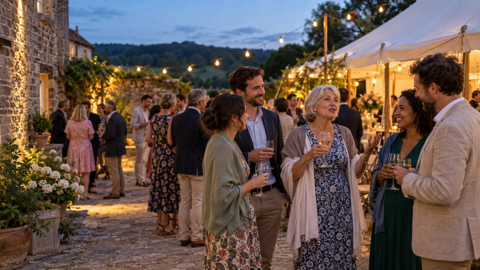 Guests celebrating at an evening party under a marquee with festoon lights