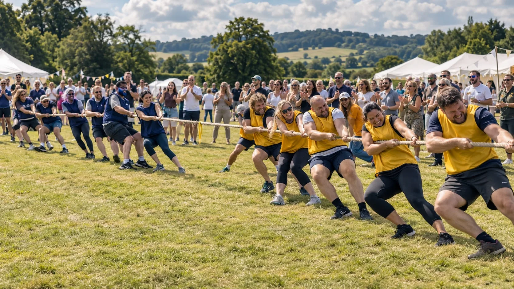 A large company tug-of-war on a sunny lawn, with marquees and spectators behind