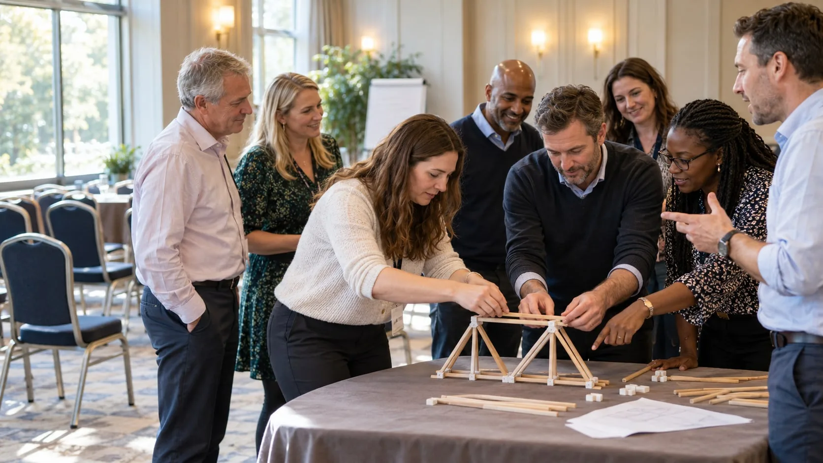 Colleagues building a small wooden bridge on a table in a conference room