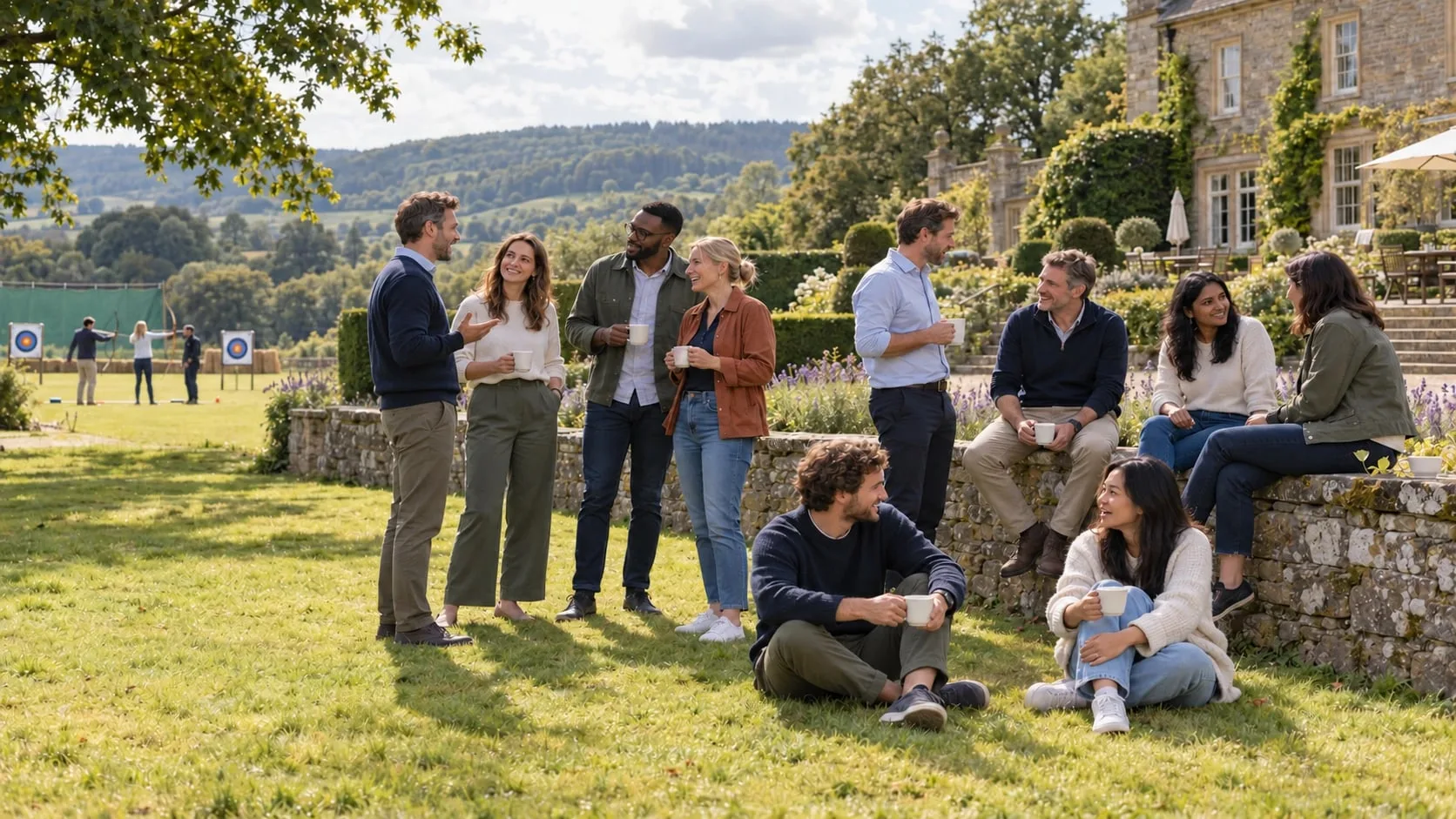 A group of colleagues chatting and laughing over cups of coffee on the lawn of a country house, with an archery session and rolling hills in the background