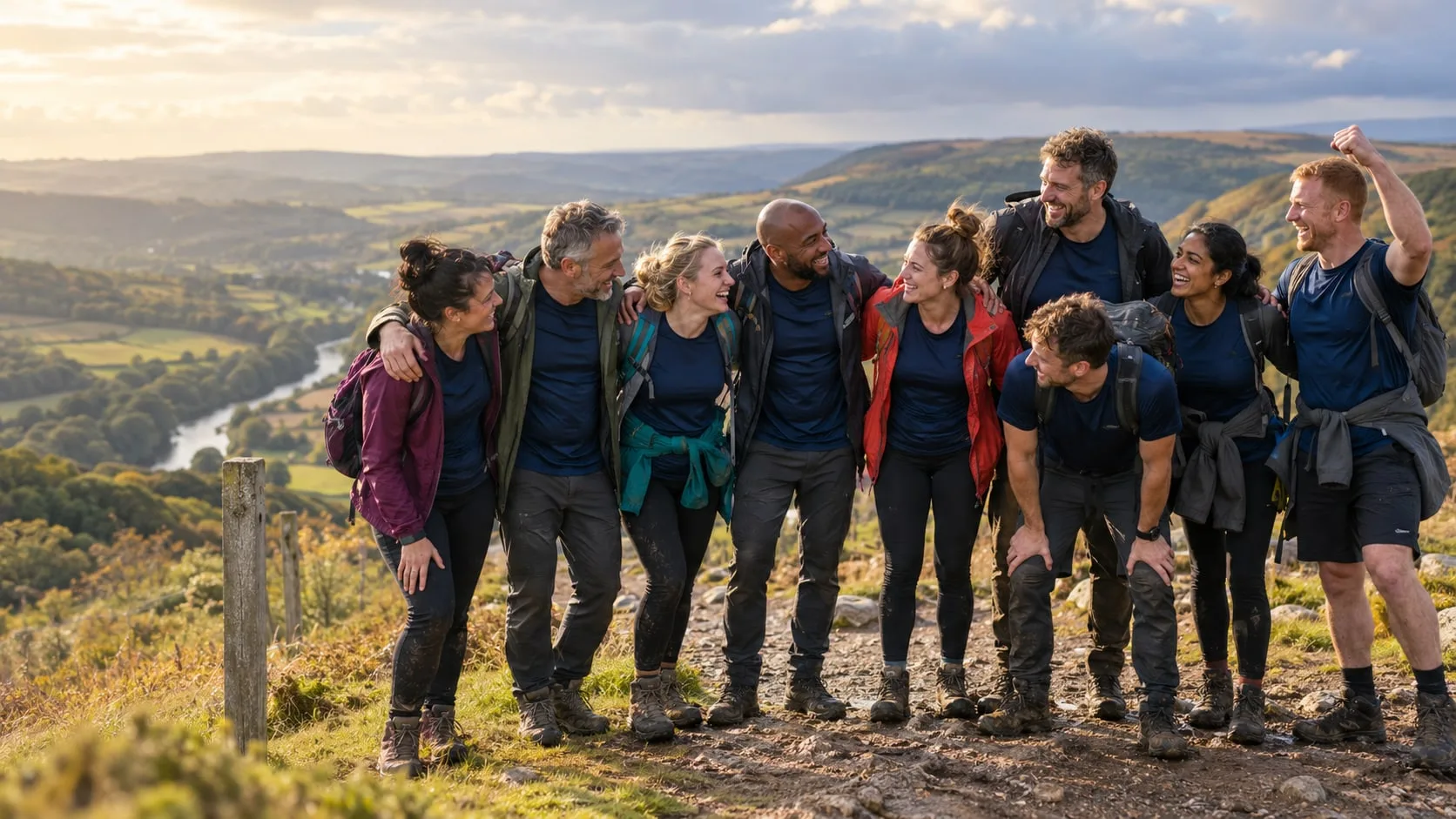 A team of walkers arm in arm, celebrating on a hill trail above a valley