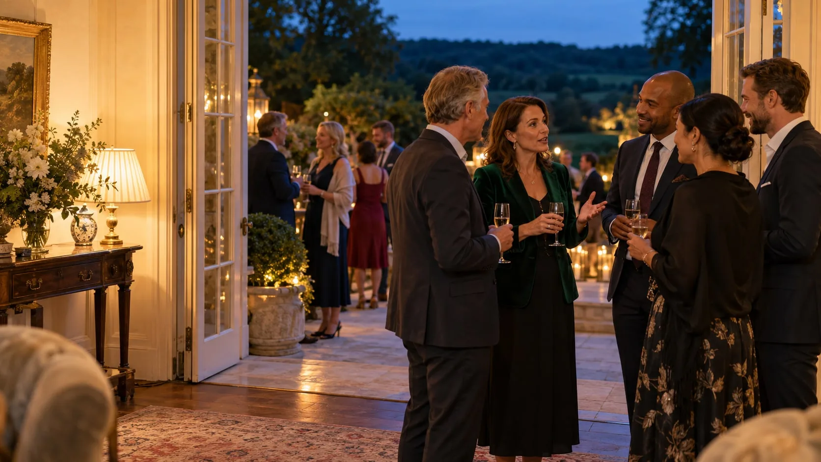 Guests chatting over drinks at an evening reception in a candle-lit country house