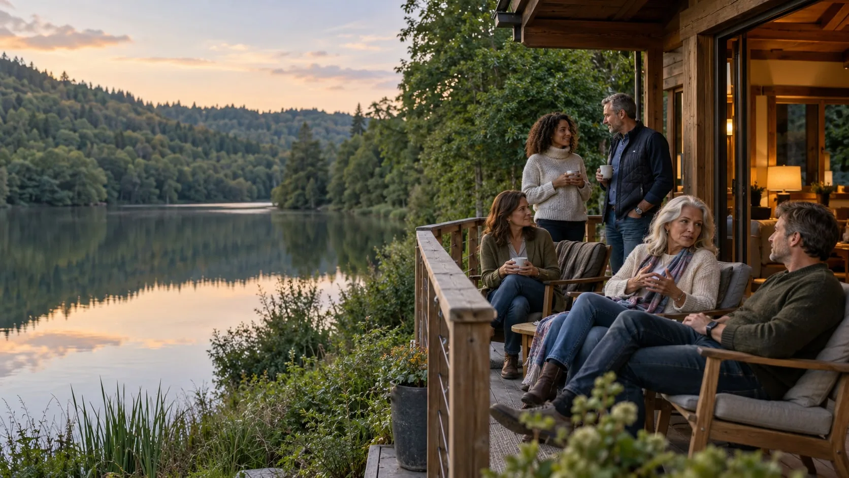 Colleagues relaxing on a timber veranda overlooking a calm lake at dusk