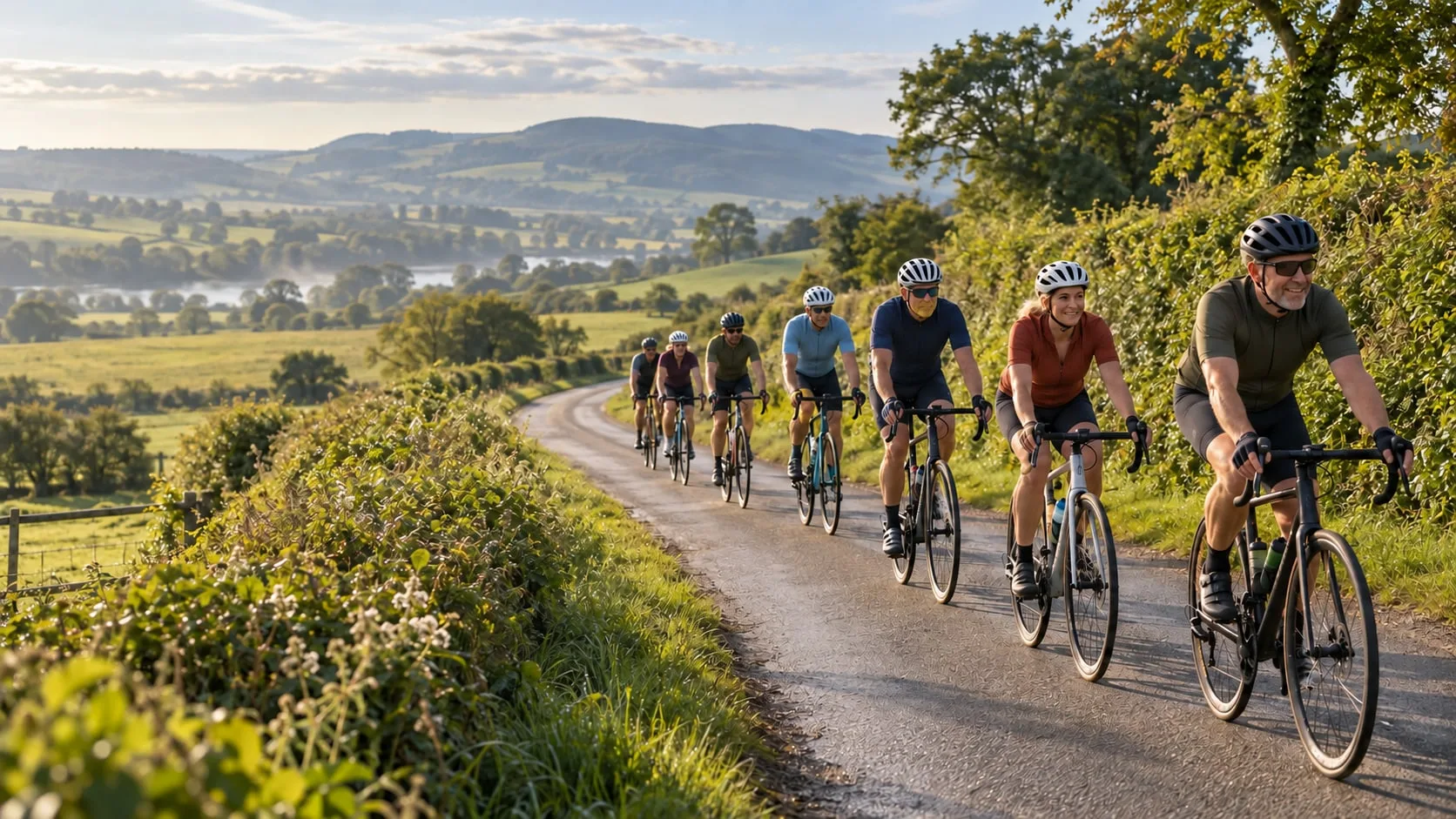 A group of cyclists riding along a country lane between hedgerows