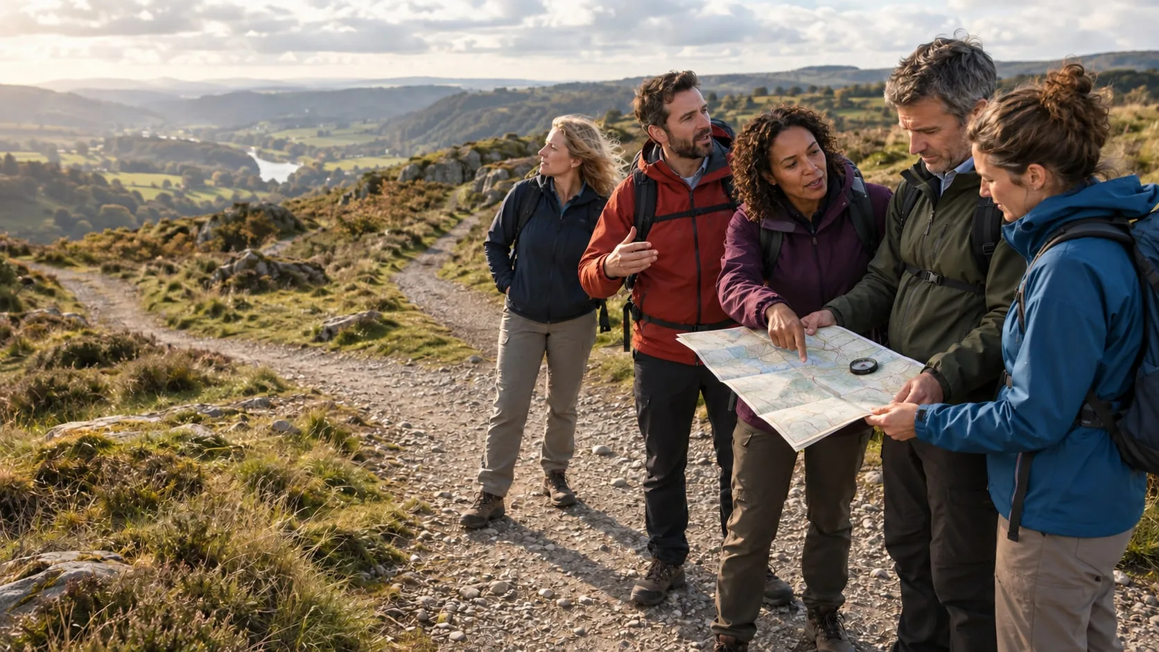 Walkers examining a map and compass together on a hill path