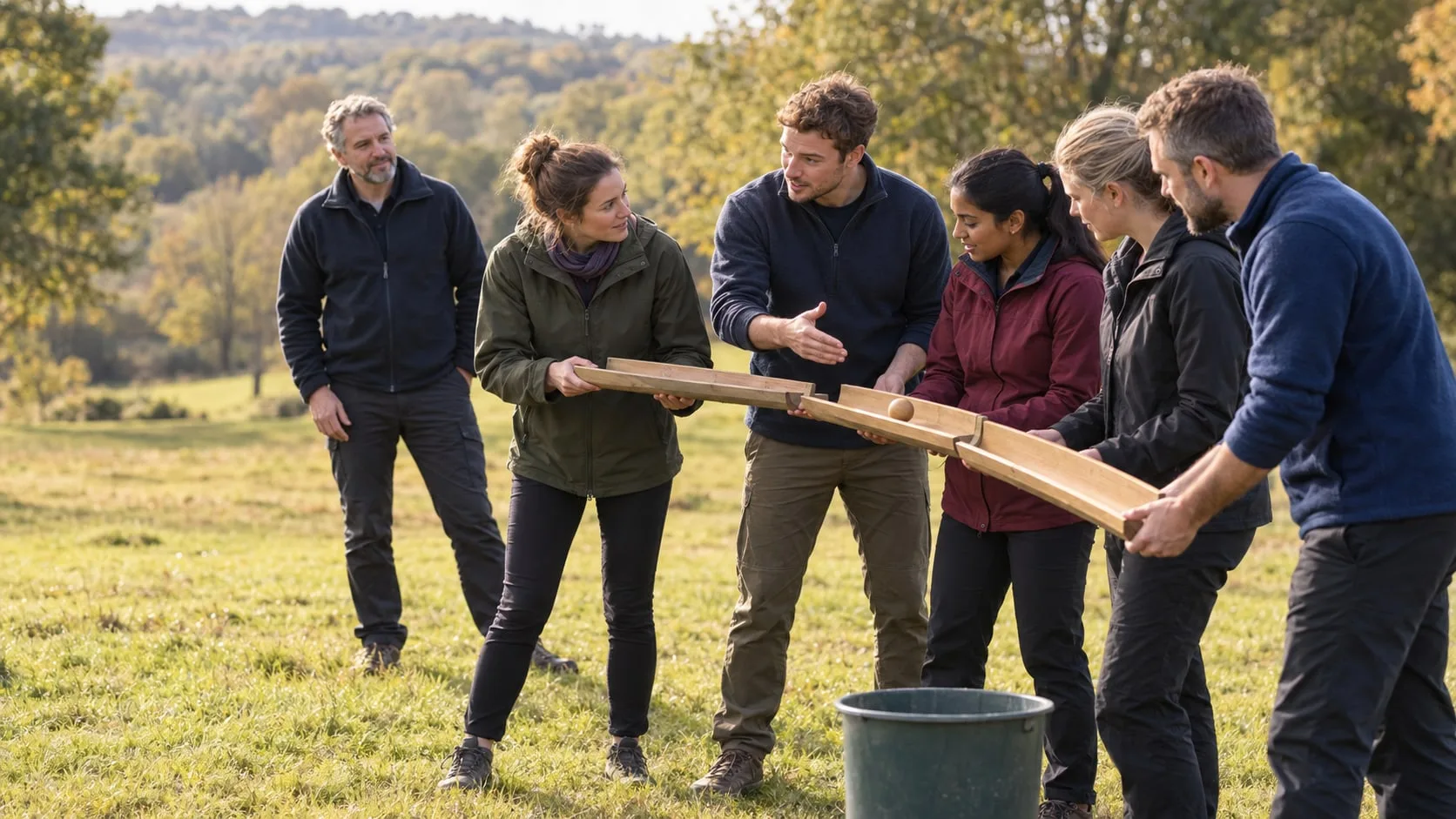 A group of emerging leaders working together to carry a wooden plank in a field
