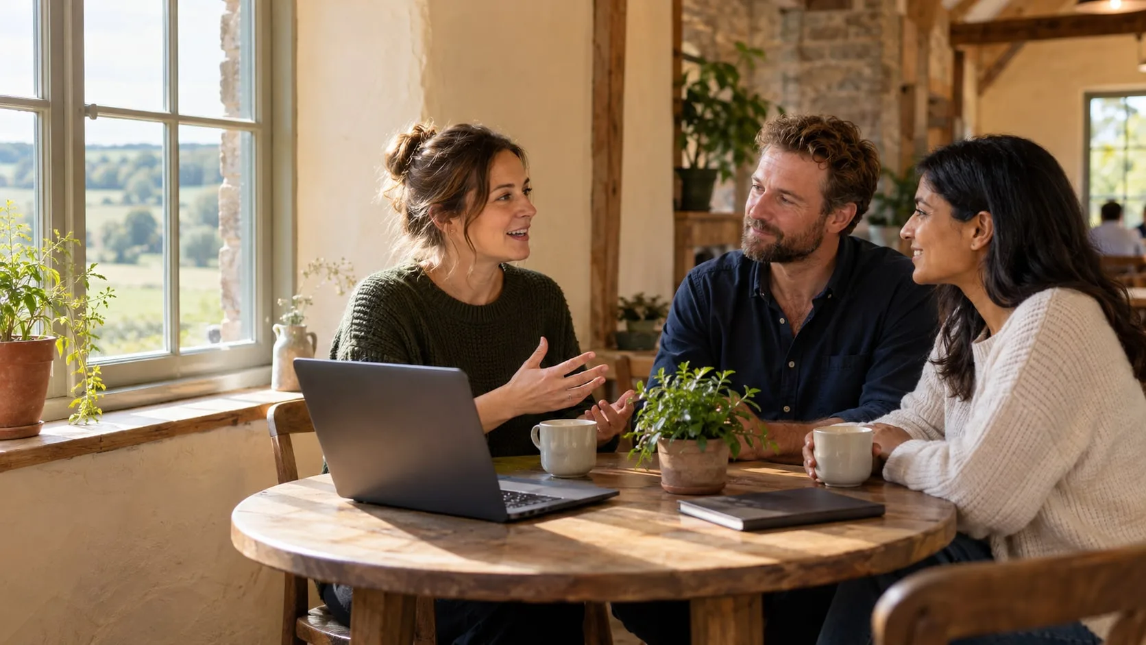 Three colleagues having a relaxed meeting over coffee and a laptop in a bright farmhouse room