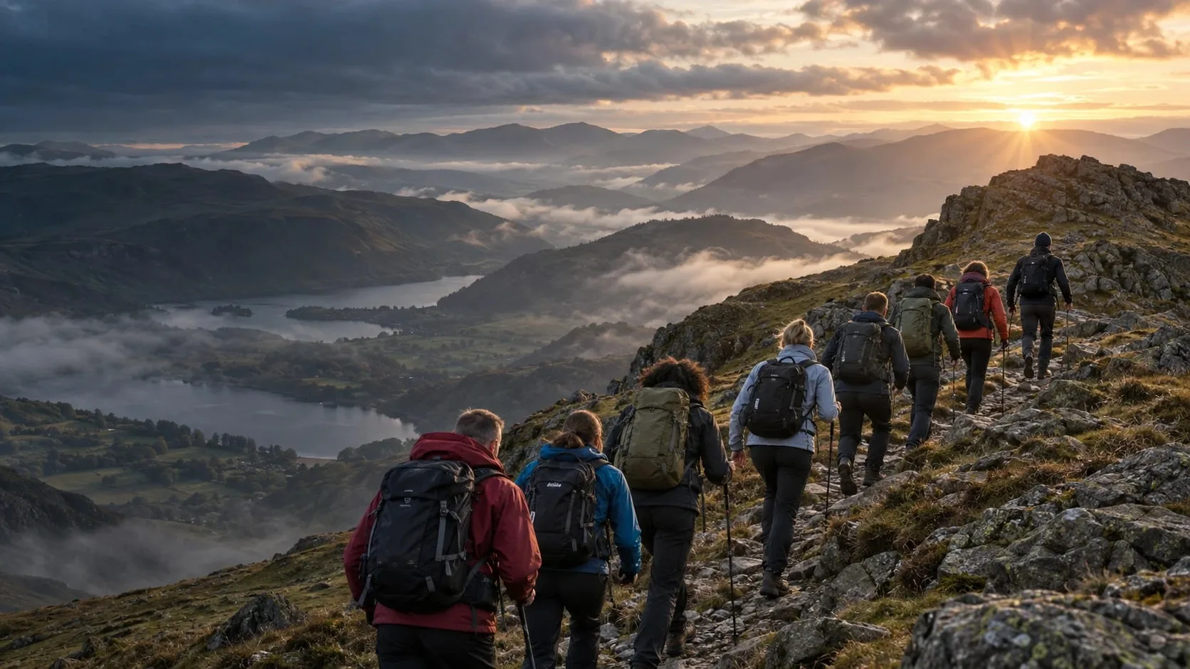 A team of walkers heading up a mountain path at sunrise, above misty valleys and a lake