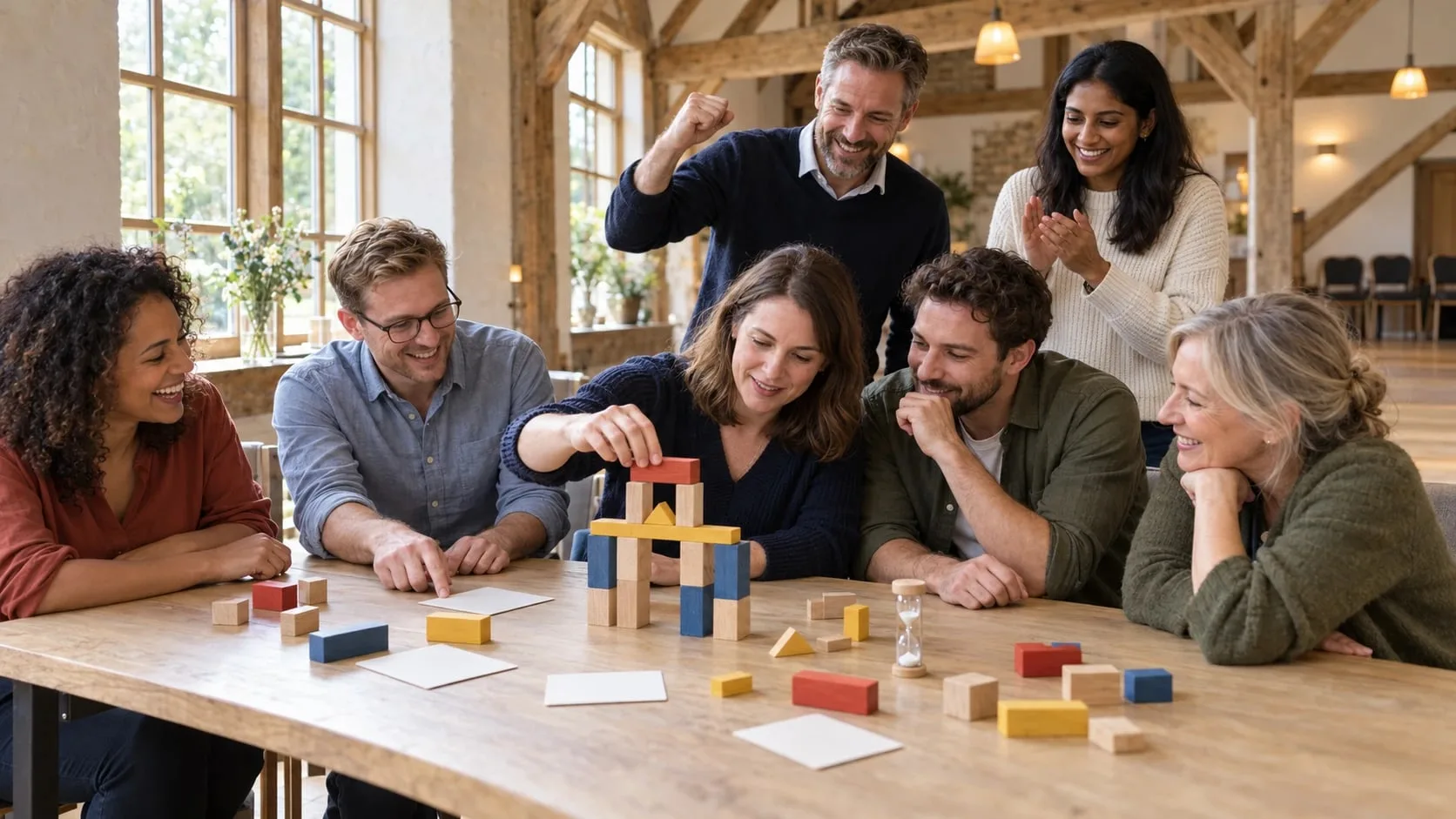 Six colleagues around a long oak table in a bright converted barn building a tower of wooden blocks, while two colleagues stand behind them cheering and clapping