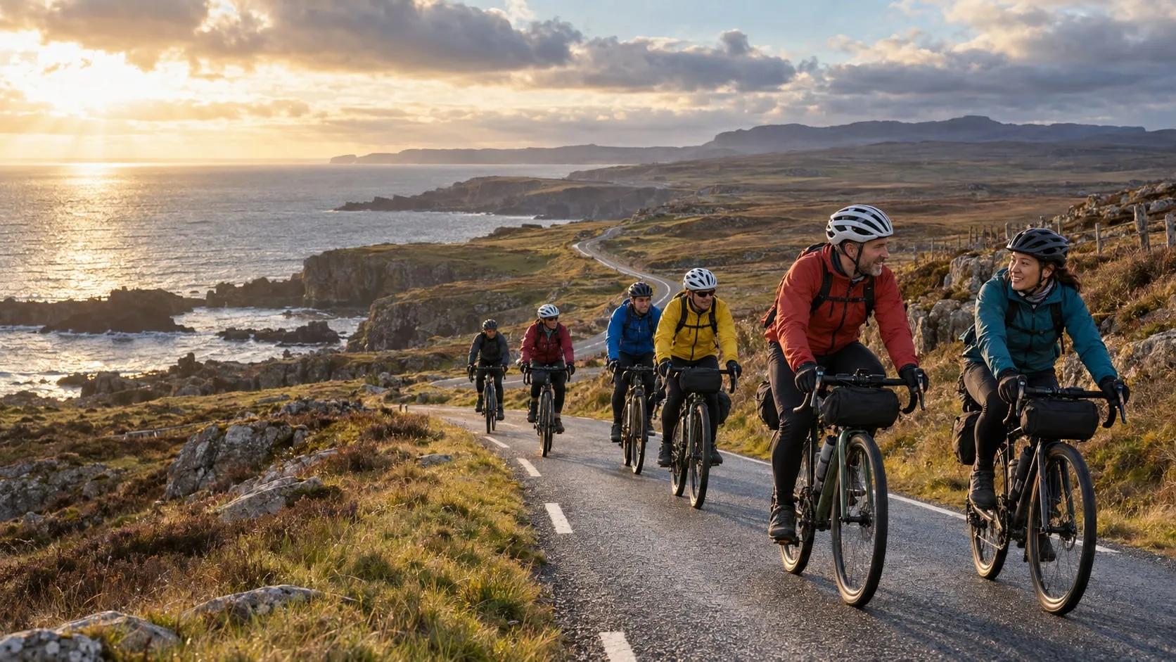 Cyclists riding a coastal road with the sea and cliffs behind at sunrise