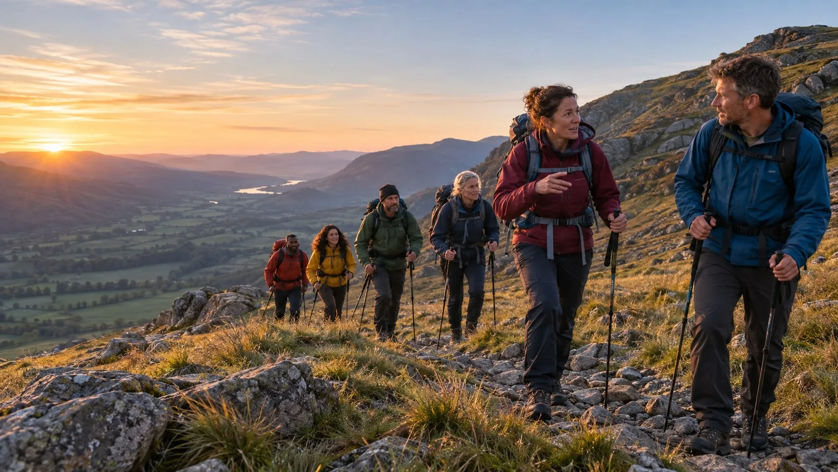 Hikers with trekking poles climbing a mountain trail towards a sunrise