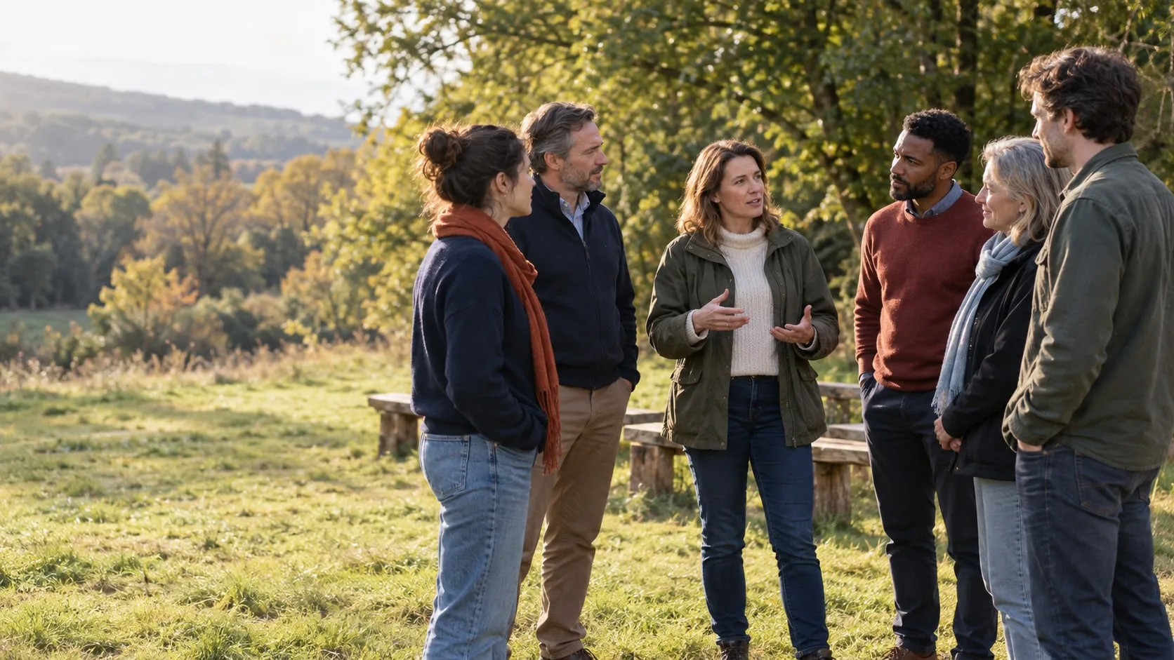Colleagues in conversation on a grassy hillside in autumn light