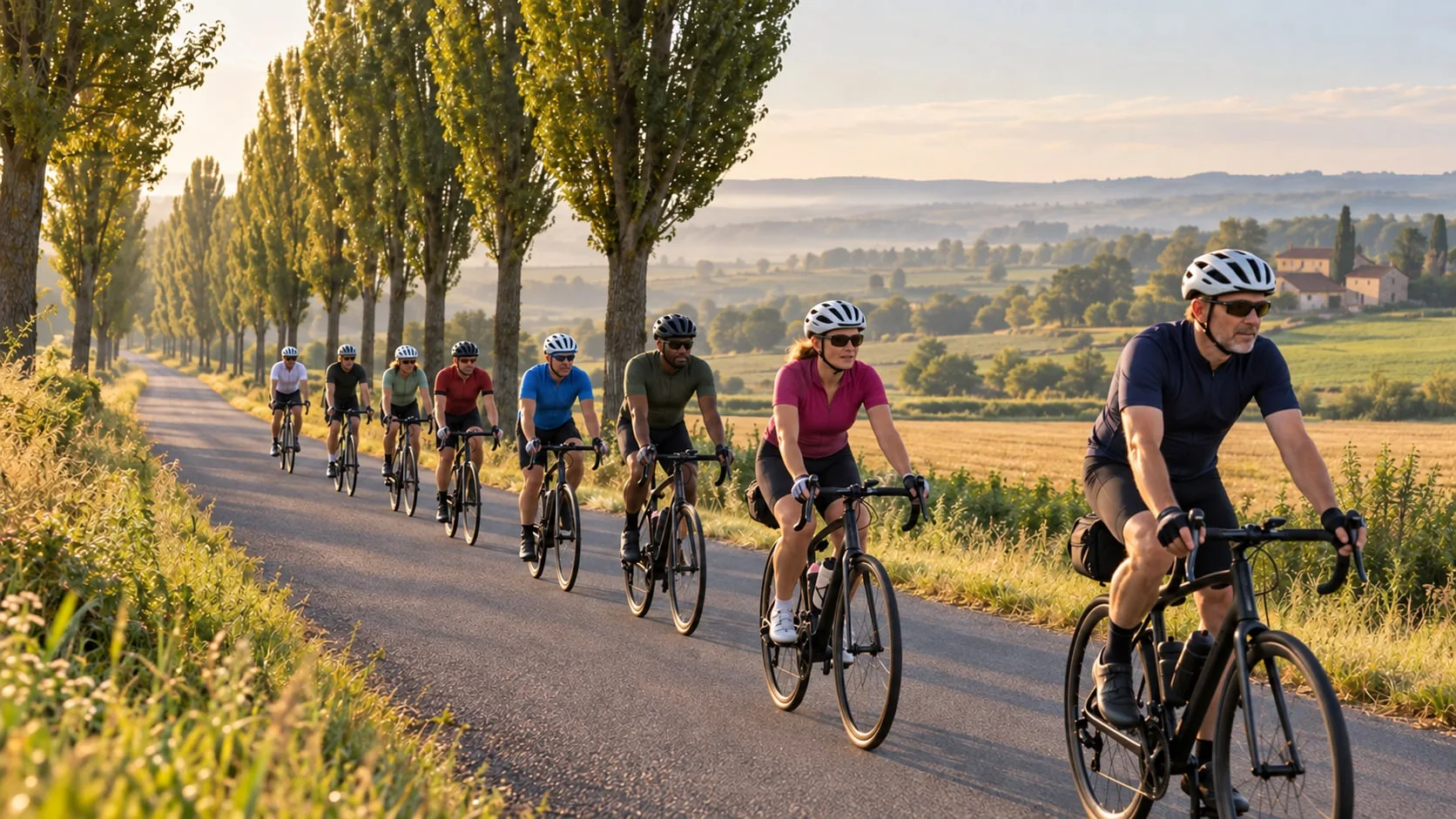 Cyclists riding along a tree-lined French country road at golden hour