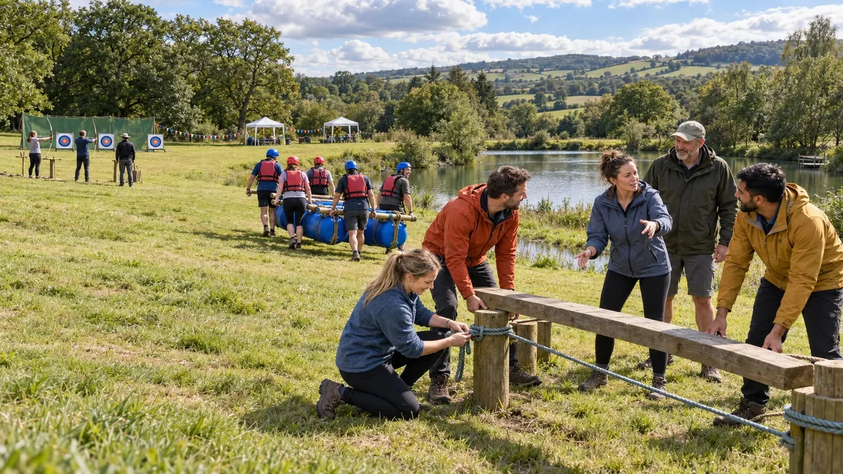 Colleagues enjoying several activities at once in a field beside a lake: a team building a rope-and-plank obstacle in the foreground, another carrying a barrel raft to the water, and an archery session on the left