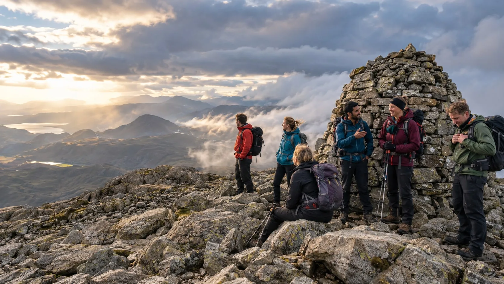 Walkers standing by a stone cairn on a summit with cloud swirling below