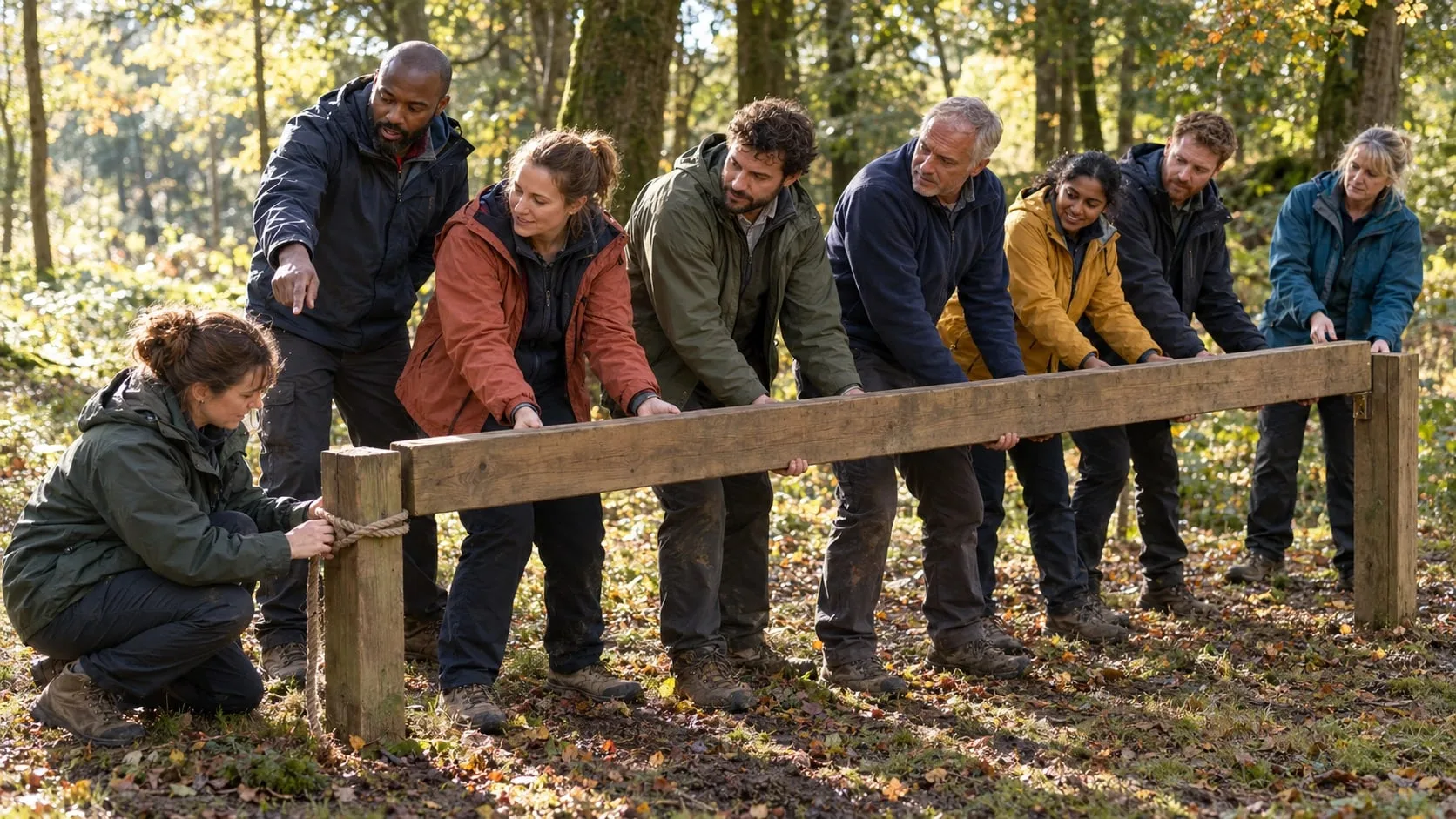 A team of eight colleagues lifting a heavy wooden beam together in an autumn woodland while one person ties a rope to the post