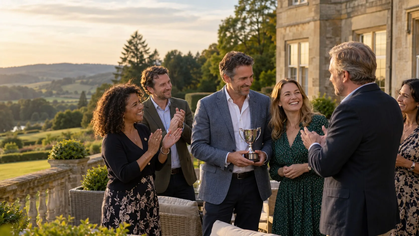 A team applauding a colleague who holds a trophy on a country-house terrace
