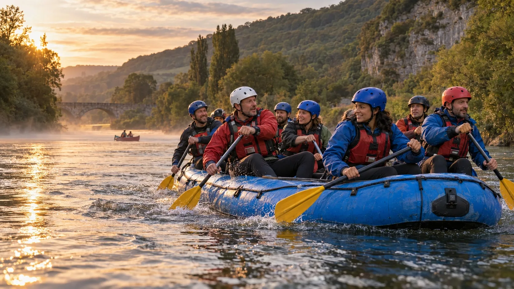 A team paddling a blue inflatable raft down the River Wye at sunrise