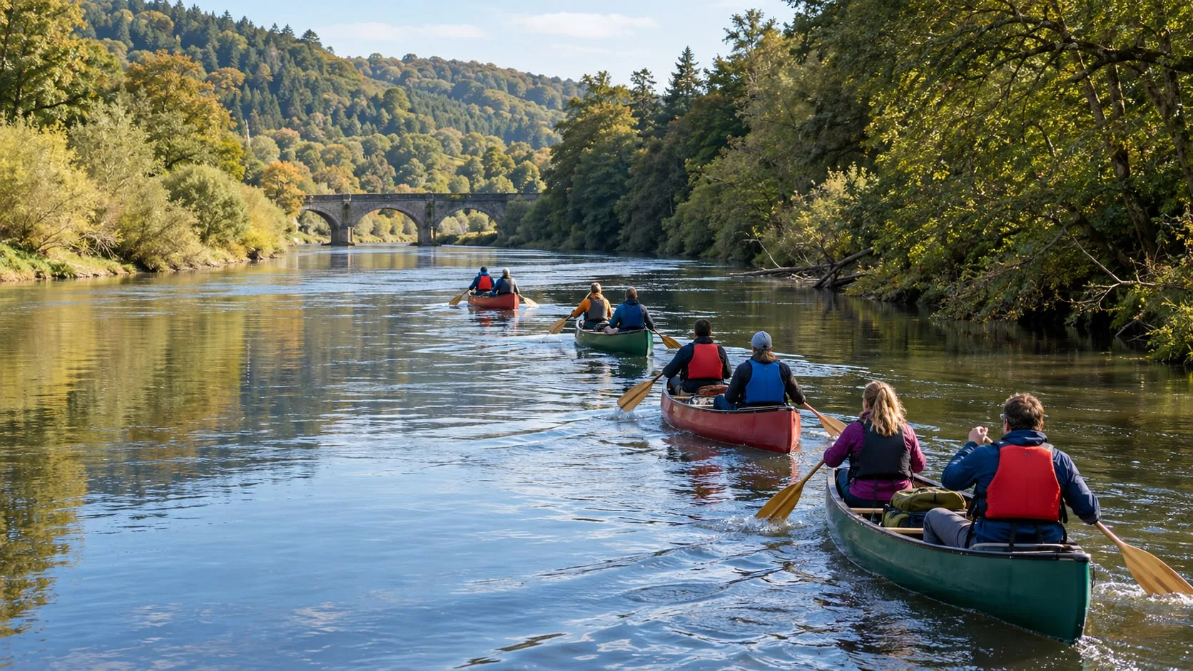 Canoes paddling down the River Wye beneath a stone bridge