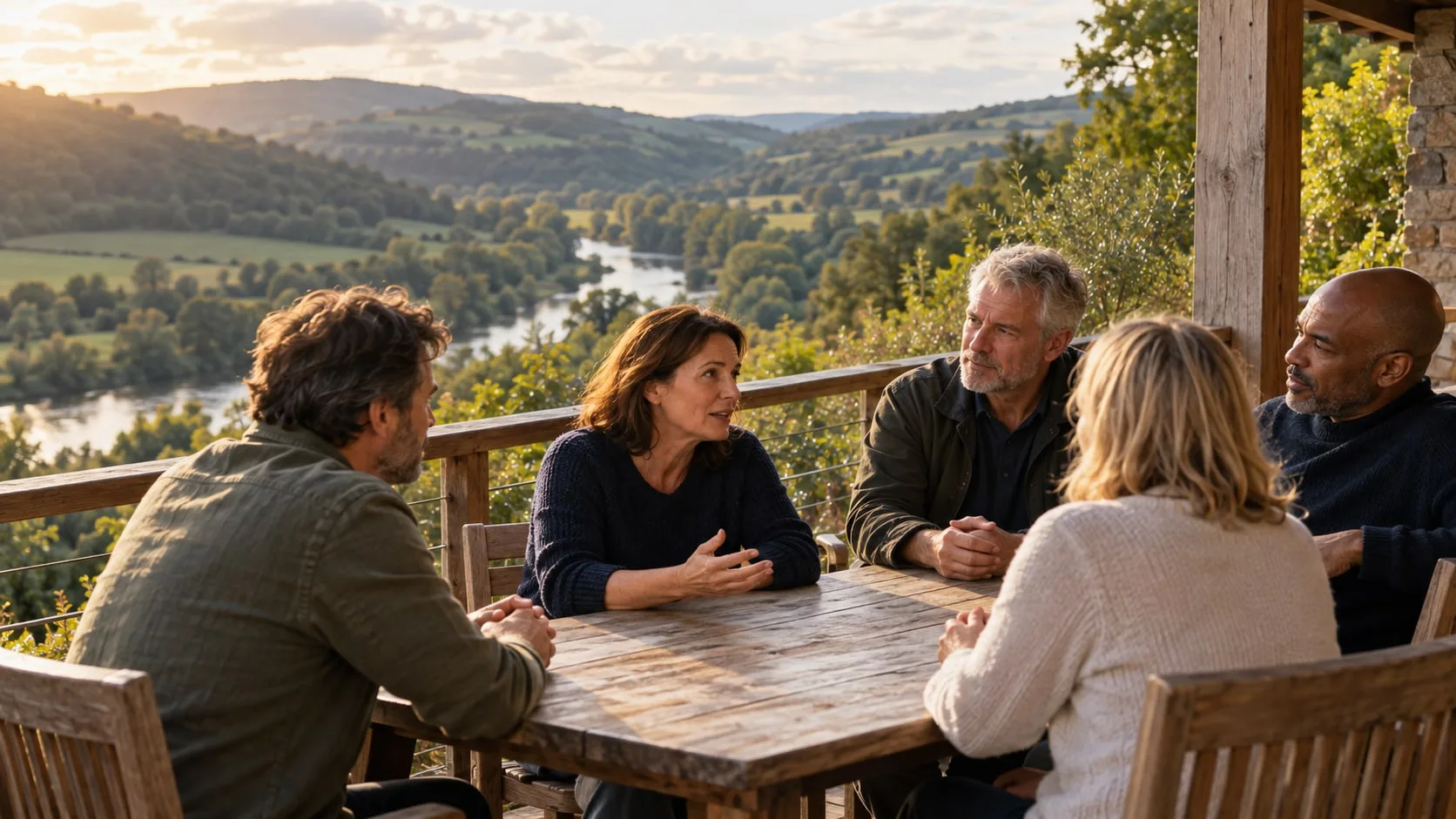 Senior colleagues in serious discussion around a wooden table on a terrace overlooking a river valley