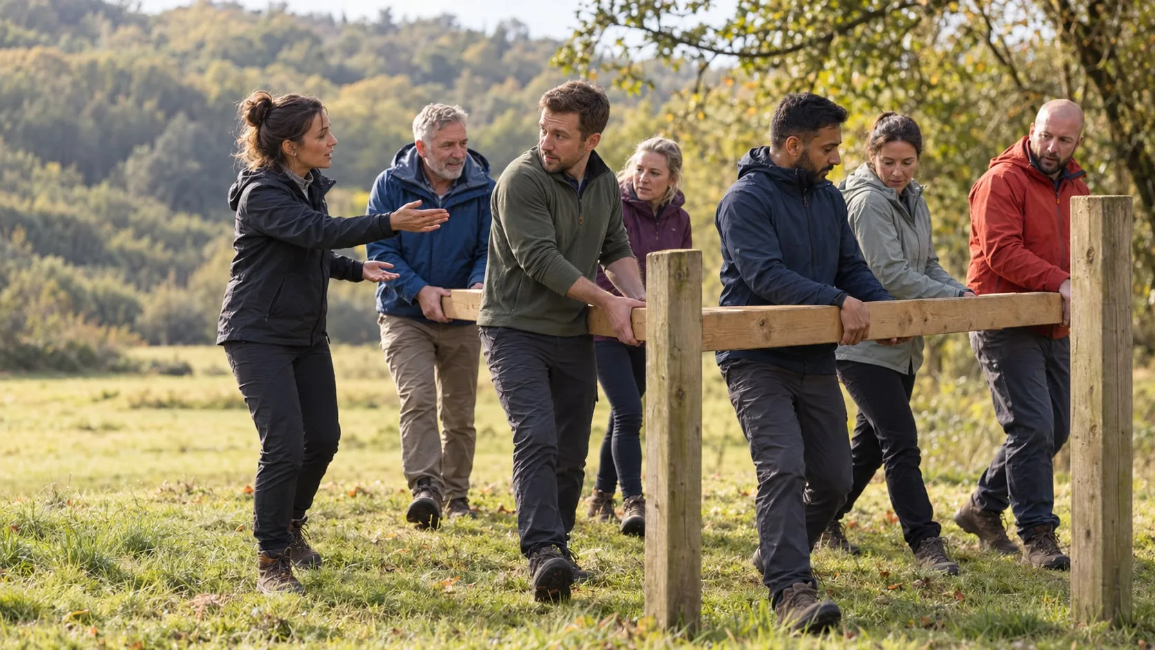 A team working together to lift a wooden beam across a field fence