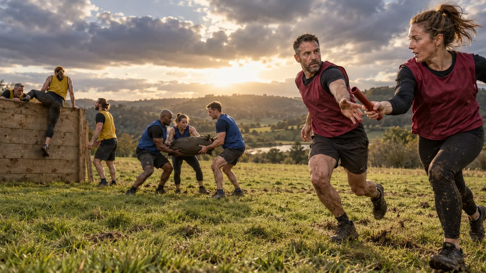 Two team members passing a baton at the finish of a muddy outdoor relay, with teammates clearing a wall behind at sunset