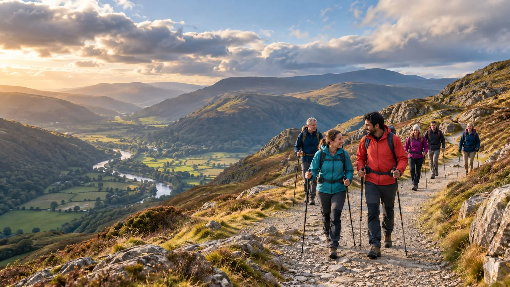 Walkers with poles on a rocky mountain path above a green valley