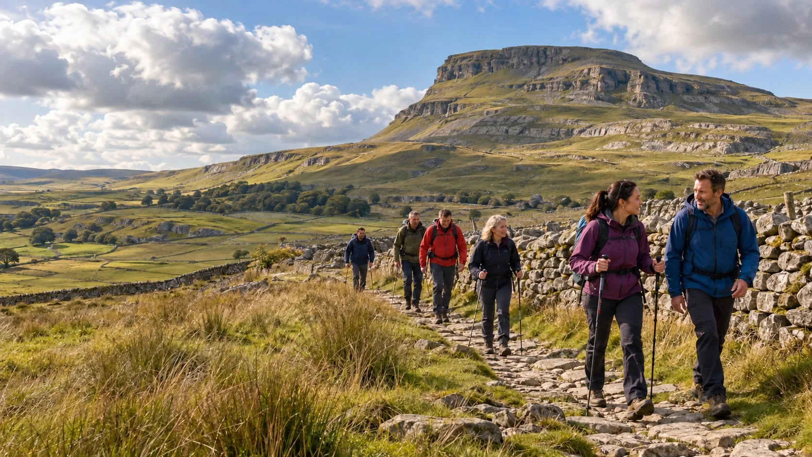 Walkers following a stone path beside a dry-stone wall towards a flat-topped Yorkshire hill